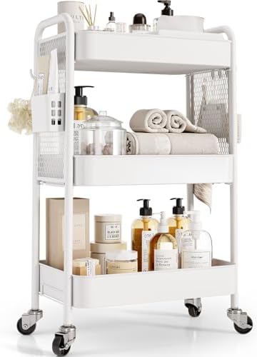 3 Tier Rolling Cart, Metal Utility Storage Cart with Pegboard, White in White