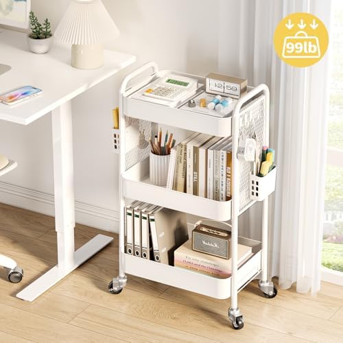 3 Tier Rolling Cart, Metal Utility Storage Cart with Pegboard, White in White, alternate view 2