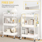 3 Tier Rolling Cart, Metal Utility Storage Cart with Pegboard, White in White, alternate view 4
