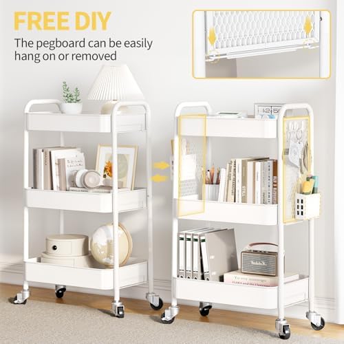 3 Tier Rolling Cart, Metal Utility Storage Cart with Pegboard, White in White, alternate view 4