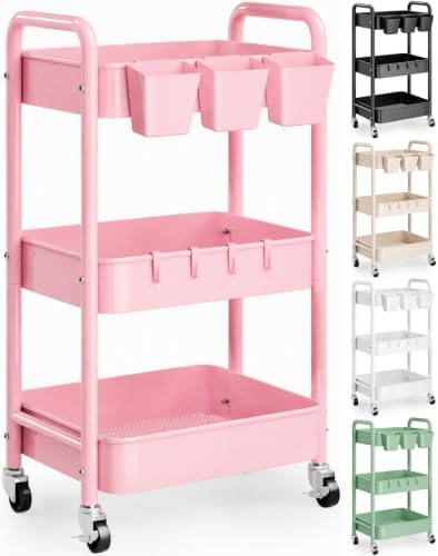 3 Tier Rolling Cart Metal with Lockable Wheels, Pink Baby Diaper Caddy Carts