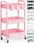 3 Tier Rolling Cart Metal with Lockable Wheels, Pink Baby Diaper Caddy Carts