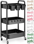 3 Tier Rolling Cart Metal with Wheels, Black Three Tiered Dorm Storage Carts