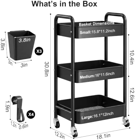 3 Tier Rolling Cart Metal with Wheels, Black Three Tiered Dorm Storage Carts, alternate view 2
