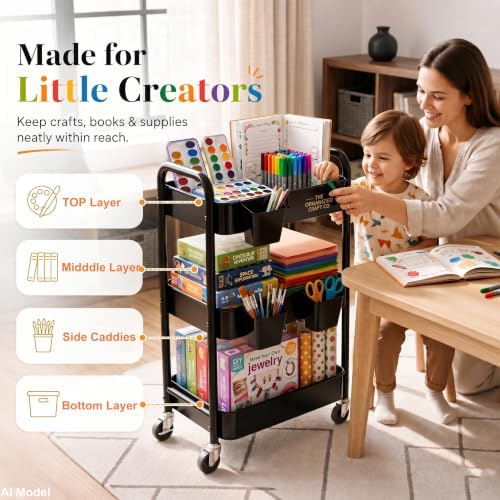 3 Tier Rolling Cart Metal with Wheels, Black Three Tiered Dorm Storage Carts, alternate view 4