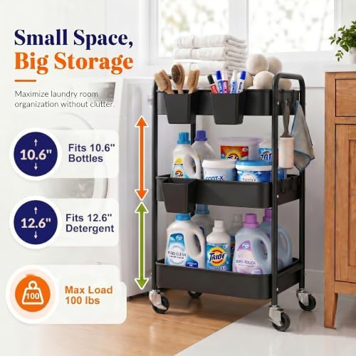 3 Tier Rolling Cart Metal with Wheels, Black Three Tiered Dorm Storage Carts, alternate view 5