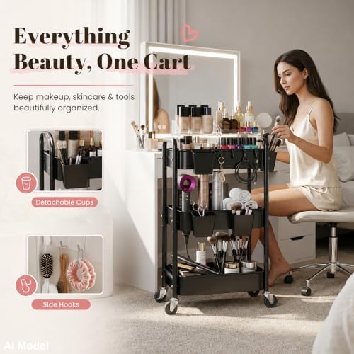 3 Tier Rolling Cart Metal with Wheels, Black Three Tiered Dorm Storage Carts, alternate view 6