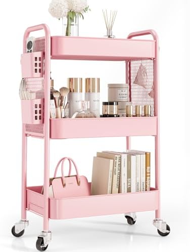 3 Tier Rolling Cart Storage Organizer, Metal Rolling Utility Cart with Wheels, Hooks & Bins Esthetician Craft