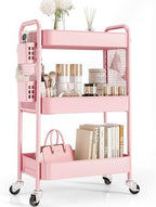 3 Tier Rolling Cart Storage Organizer, Metal Rolling Utility Cart with Wheels, Hooks & Bins Esthetician Craft