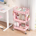 3 Tier Rolling Cart Storage Organizer, Metal Rolling Utility Cart with Wheels, Hooks & Bins Esthetician Craft, alternate view