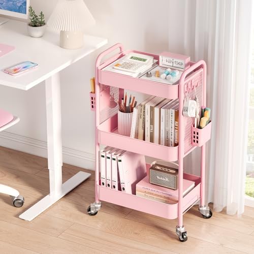 3 Tier Rolling Cart Storage Organizer, Metal Rolling Utility Cart with Wheels, Hooks & Bins Esthetician Craft, alternate view