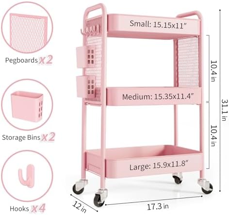 3 Tier Rolling Cart Storage Organizer, Metal Rolling Utility Cart with Wheels, Hooks & Bins Esthetician Craft, alternate view