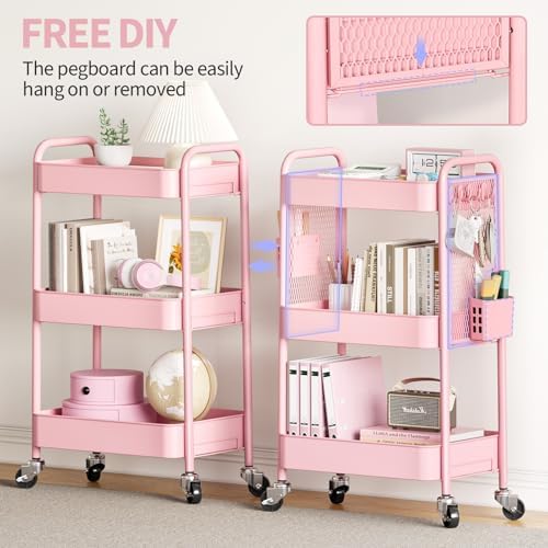 3 Tier Rolling Cart Storage Organizer, Metal Rolling Utility Cart with Wheels, Hooks & Bins Esthetician Craft, alternate view