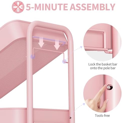 3 Tier Rolling Cart Storage Organizer, Metal Rolling Utility Cart with Wheels, Hooks & Bins Esthetician Craft, alternate view