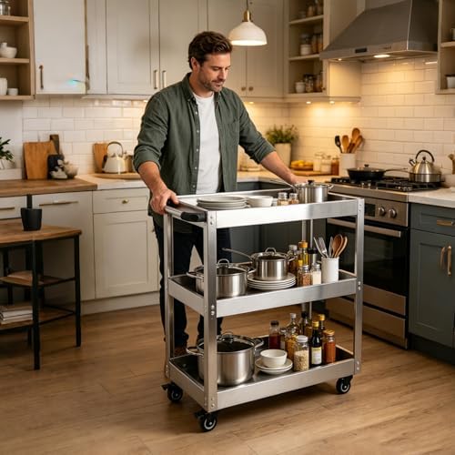3-Tier Rolling Cart Utility Cart Stainless Steel Kitchen Cart, 330 Lbs Load Capacity, Heavy Duty Rolling Tool, alternate view