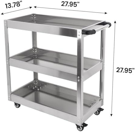 3-Tier Rolling Cart Utility Cart Stainless Steel Kitchen Cart, 330 Lbs Load Capacity, Heavy Duty Rolling Tool, alternate view