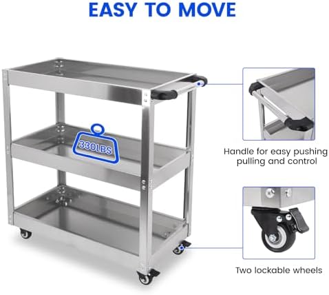 3-Tier Rolling Cart Utility Cart Stainless Steel Kitchen Cart, 330 Lbs Load Capacity, Heavy Duty Rolling Tool, alternate view