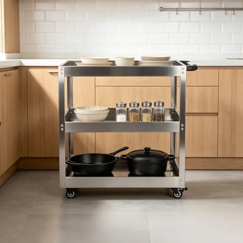 3-Tier Rolling Cart Utility Cart Stainless Steel Kitchen Cart, 330 Lbs Load Capacity, Heavy Duty Rolling Tool, alternate view