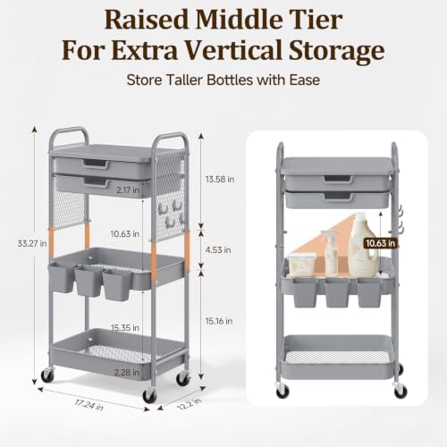3 Tier Rolling Cart with 2 Drawers, Metal Utility Storage Carts with Wheels, alternate view 2