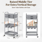 3 Tier Rolling Cart with 2 Drawers, Metal Utility Storage Carts with Wheels, alternate view 2