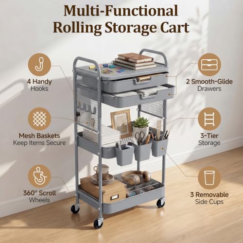 3 Tier Rolling Cart with 2 Drawers, Metal Utility Storage Carts with Wheels, alternate view 3