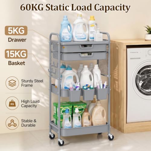 3 Tier Rolling Cart with 2 Drawers, Metal Utility Storage Carts with Wheels, alternate view 4