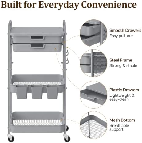 3 Tier Rolling Cart with 2 Drawers, Metal Utility Storage Carts with Wheels, alternate view 5