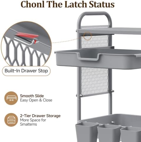 3 Tier Rolling Cart with 2 Drawers, Metal Utility Storage Carts with Wheels, alternate view 6