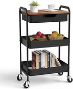 3 Tier Rolling Cart with Drawer, Metal Utility Cart with Table Top