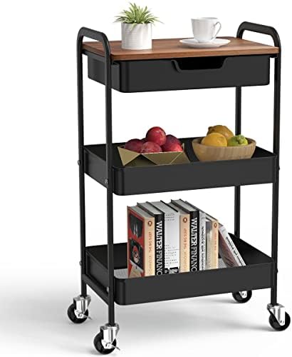 3 Tier Rolling Cart with Drawer, Metal Utility Cart with Table Top