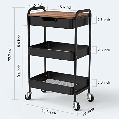 3 Tier Rolling Cart with Drawer, Metal Utility Cart with Table Top, alternate view 3