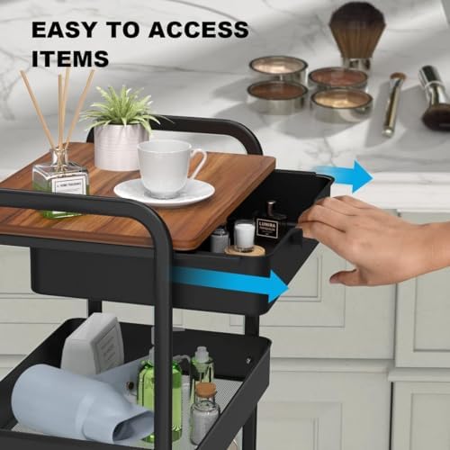 3 Tier Rolling Cart with Drawer, Metal Utility Cart with Table Top, alternate view 4