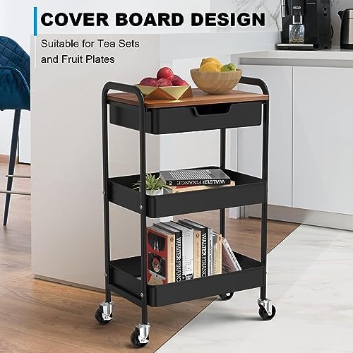 3 Tier Rolling Cart with Drawer, Metal Utility Cart with Table Top, alternate view 5