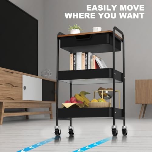 3 Tier Rolling Cart with Drawer, Metal Utility Cart with Table Top, alternate view 6