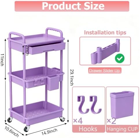 3 Tier Rolling Cart with Drawer, Utility Storage Cart on Wheels for Kitchen, Bathroom, Living Room, alternate view 3