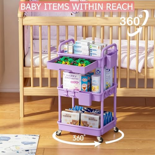 3 Tier Rolling Cart with Drawer, Utility Storage Cart on Wheels for Kitchen, Bathroom, Living Room, alternate view 4