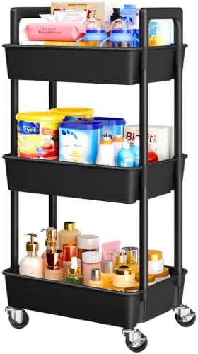 3 Tier Rolling Cart with Handle & Wheels for Storage, Black in Black