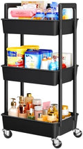 3 Tier Rolling Cart with Handle & Wheels for Storage, Black in Black