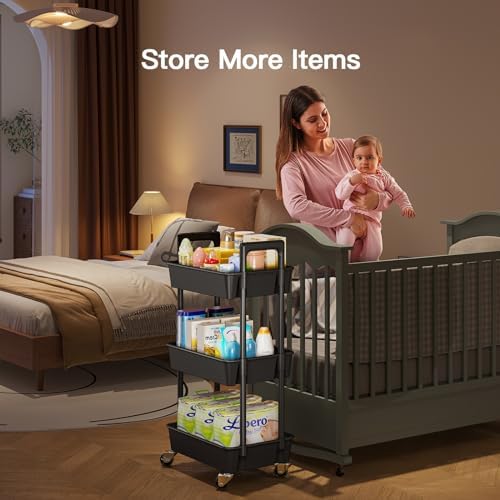 3 Tier Rolling Cart with Handle & Wheels for Storage, Black in Black, alternate view 2