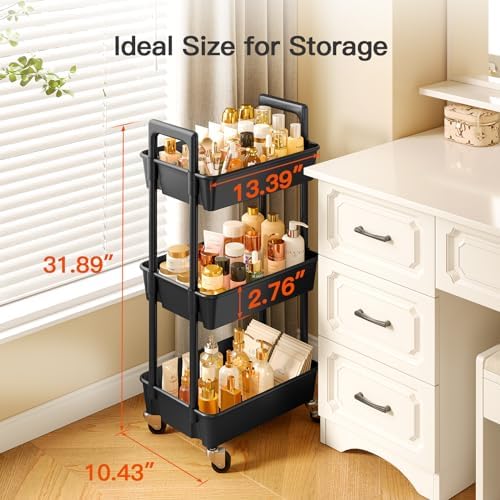 3 Tier Rolling Cart with Handle & Wheels for Storage, Black in Black, alternate view 3