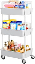 3 Tier Rolling Cart with Handle & Wheels for Storage, White in White