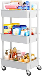 3 Tier Rolling Cart with Handle & Wheels for Storage, White in White