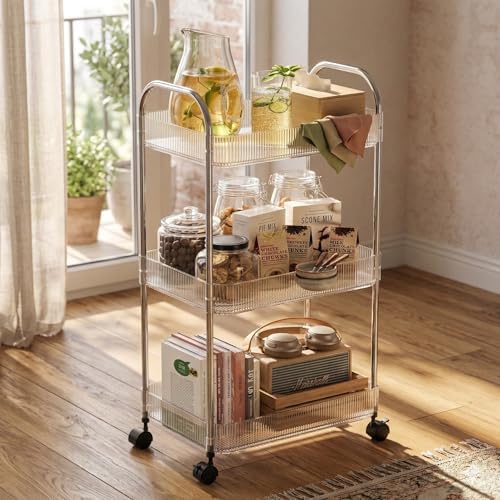 3 Tier Rolling Cart with Lockable Wheels, Clear Acrylic Utility Trolley with Handle, Heavy-Duty Storage