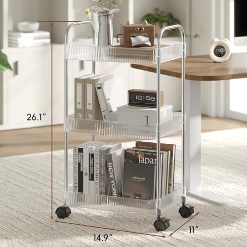 3 Tier Rolling Cart with Lockable Wheels, Clear Acrylic Utility Trolley with Handle, Heavy-Duty Storage, alternate view 2