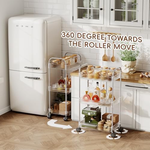 3 Tier Rolling Cart with Lockable Wheels, Clear Acrylic Utility Trolley with Handle, Heavy-Duty Storage, alternate view 3
