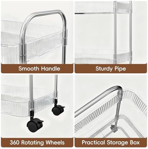 3 Tier Rolling Cart with Lockable Wheels, Clear Acrylic Utility Trolley with Handle, Heavy-Duty Storage, alternate view 4