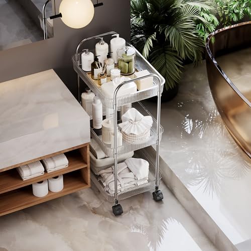 3 Tier Rolling Cart with Lockable Wheels, Clear Acrylic Utility Trolley with Handle, Heavy-Duty Storage, alternate view 6