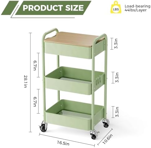 3 Tier Rolling Cart with Table top, Metal Rolling Utility Cart, Sturdy Storage Organizer Cart with Locking, alternate view 3
