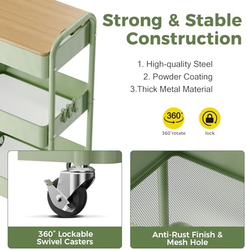 3 Tier Rolling Cart with Table top, Metal Rolling Utility Cart, Sturdy Storage Organizer Cart with Locking, alternate view 4