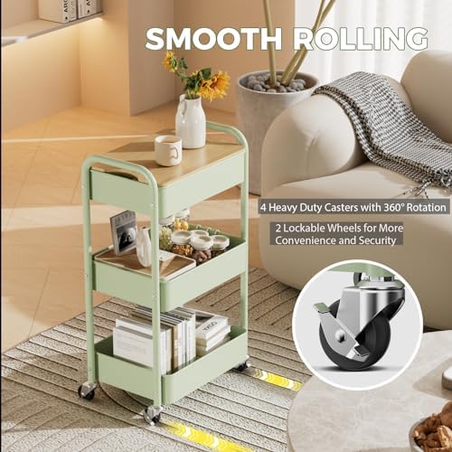 3 Tier Rolling Cart with Table top, Metal Rolling Utility Cart, Sturdy Storage Organizer Cart with Locking, alternate view 6